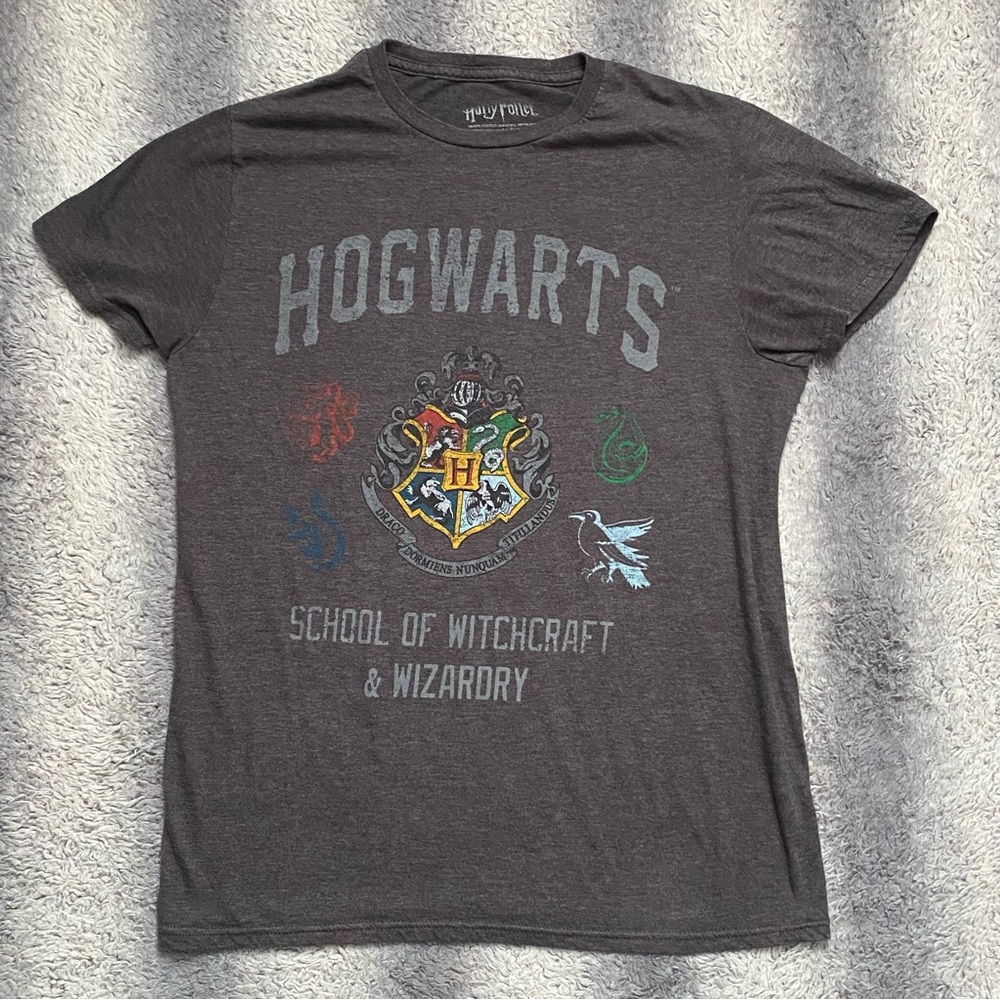 Warner Bros Gray Hogwarts Tee Shirt Boys Medium School Of Witchcraft